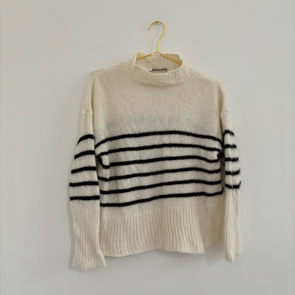 Alpaca Wool Mock Neck Sweater Ivory Black Stripe Sz S - Picture 4 of 8